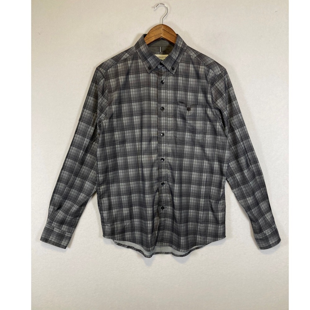 Dark Academia Report Collection Mens Size M Grey Plaid Stretch Button Down Shirt